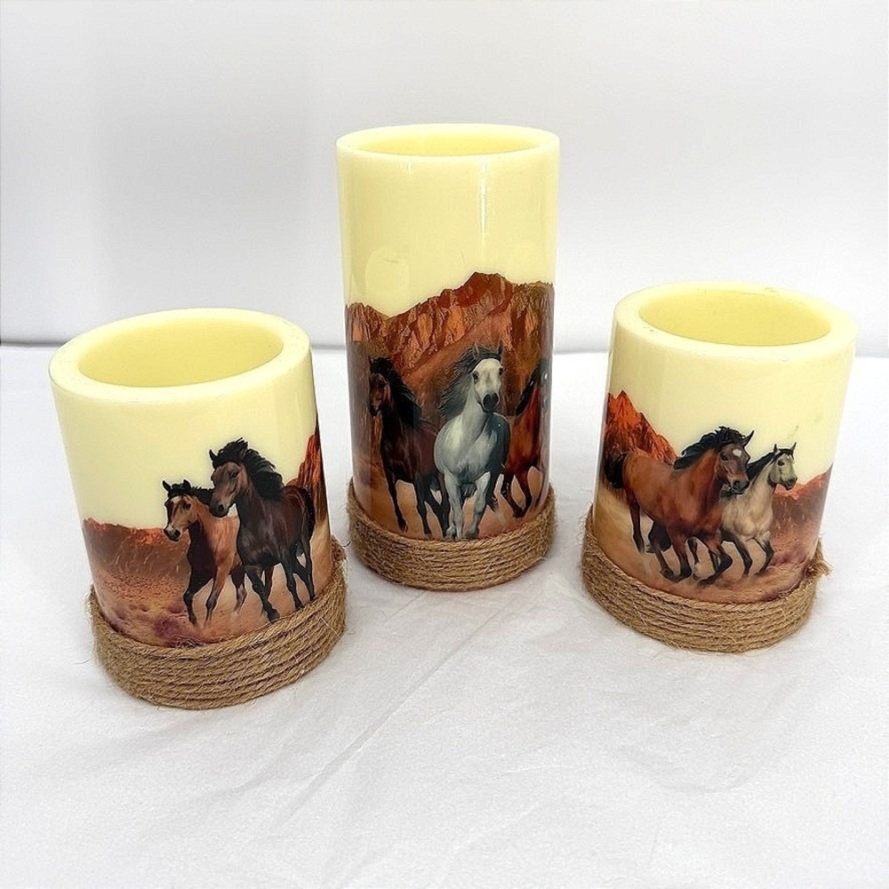 Collections Etc Running Horses LED Flameless Pillars Jute Trim Western Set of 3